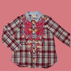 Savanna Jane Plaid Floral Embroidered Shirt
